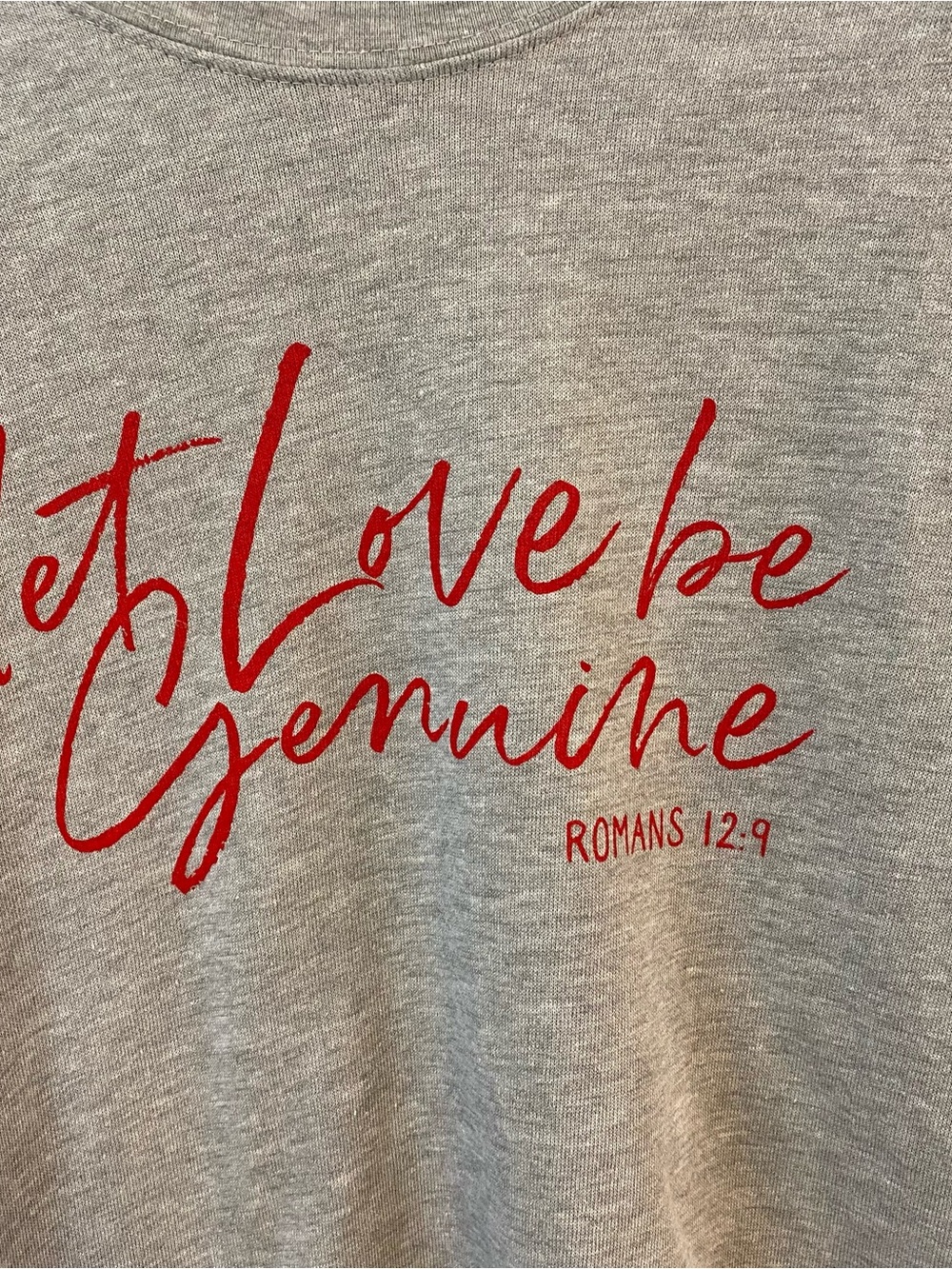 Let Love Be Genuine Bible Verse Romans Grey Crewneck Pullover NWT Womens Medium - Picture 2 of 7